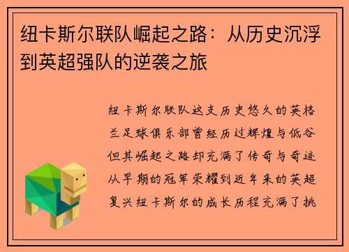 纽卡斯尔联队崛起之路：从历史沉浮到英超强队的逆袭之旅