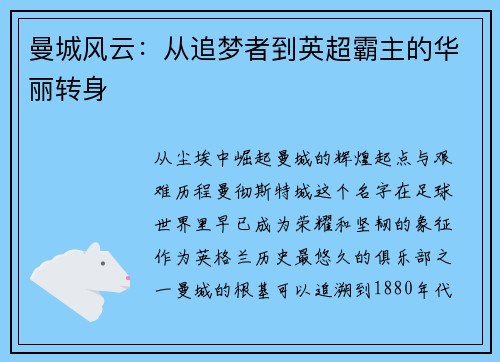 曼城风云：从追梦者到英超霸主的华丽转身