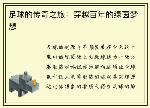 足球的传奇之旅：穿越百年的绿茵梦想