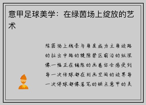 意甲足球美学：在绿茵场上绽放的艺术